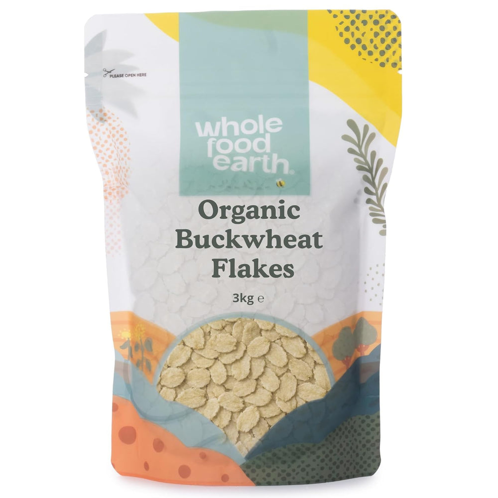 Fulgi de hrișcă organici Wholefood Earth – 3 kg | Crud | Fără OMG | Vegan | Sursă de fibre | Certificat organic