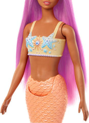 Păpușă Barbie Sirenă cu Păr și Bentiță Roz Fantezie, Păpușă cu Stea de Mare în Vârf și Înotătoare Codală Portocalie Moale, HRR05