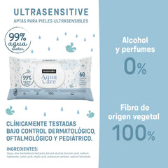 Suavinex Aqua Care Baby Salviettine umidificate 60 salviette detergenti 99% fibre vegetali acquatiche Aloe Vera Senza profumo Senza alcool Dermatologicamente testato Adatto per pelli sensibili