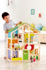 Casă de păpuși Hape Four Seasons - casă de păpuși cu trei etaje, din lemn, premiată, cu mobilier, accesorii, scări glisante și acoperiș reversibil pentru fiecare anotimp, pentru copii cu vârsta de 3 ani și peste