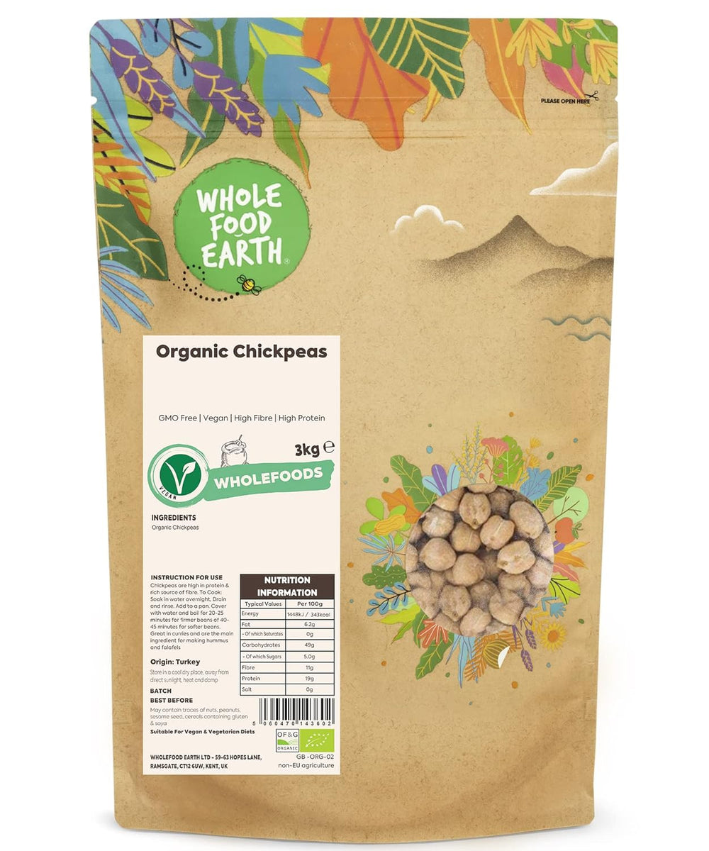 Ceci biologici Wholefood Earth 3 kg | Non OGM | Vegano | Ricco di fibre | Ricco di proteine | Certificato biologico