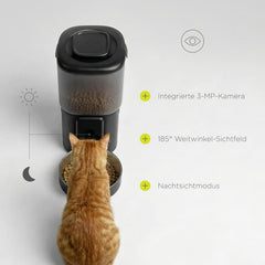 Feast Automatische Futterautomat Katze mit App und Kamera, Live-Video mit Nachtsicht und Zwei-Wege-Audio, Portionskontrolle, Edelstahl-Napf, Katzen Trinkbrunnen mit Filter, 4.5 l und 2.5 l