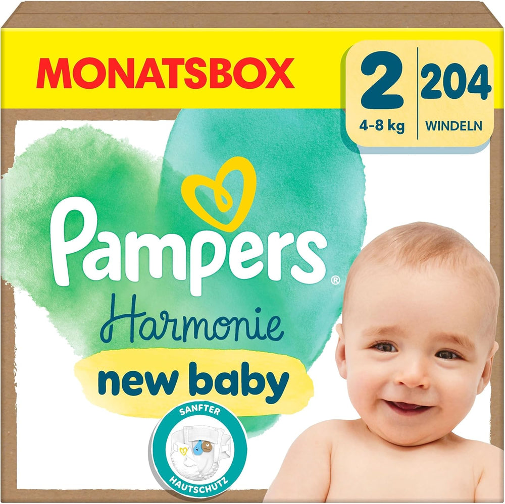 Pannolini Pampers Harmony taglia 2, 204 pannolini, 4kg-8kg, protezione delicata della pelle con protezione Pampers al 100%