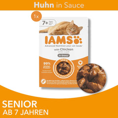 IAMS Delights Hrană umedă pentru pisici cu pui în sos pentru pisici senior de 7 ani și peste - Dimensiune de probă, Plic individual, 1 x 85g