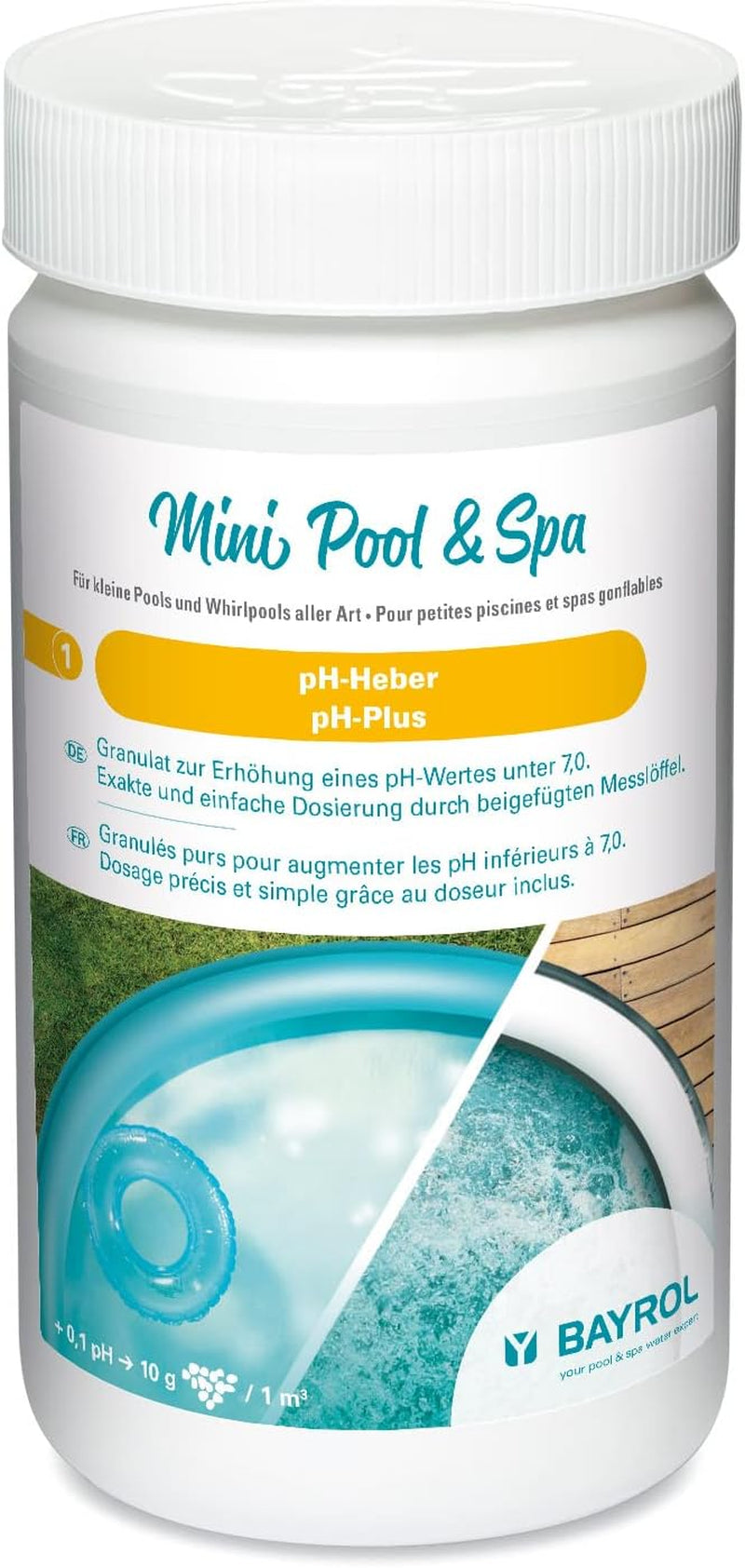 BAYROL Mini Pool & Spa Granuli aumentanti di pH 1 kg - pH Plus per piccole piscine, vasche idromassaggio e piscine fuori terra. Include misurino, bianco.