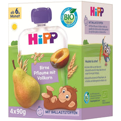 Pliculețe HiPP Organic cu pere și prune, cu cereale integrale, 16 bucăți (4 pachete a câte 4 x 90g fiecare), pentru bebeluși de la 6 luni, fără zahăr adăugat, vegane, de cea mai bună calitate organică
