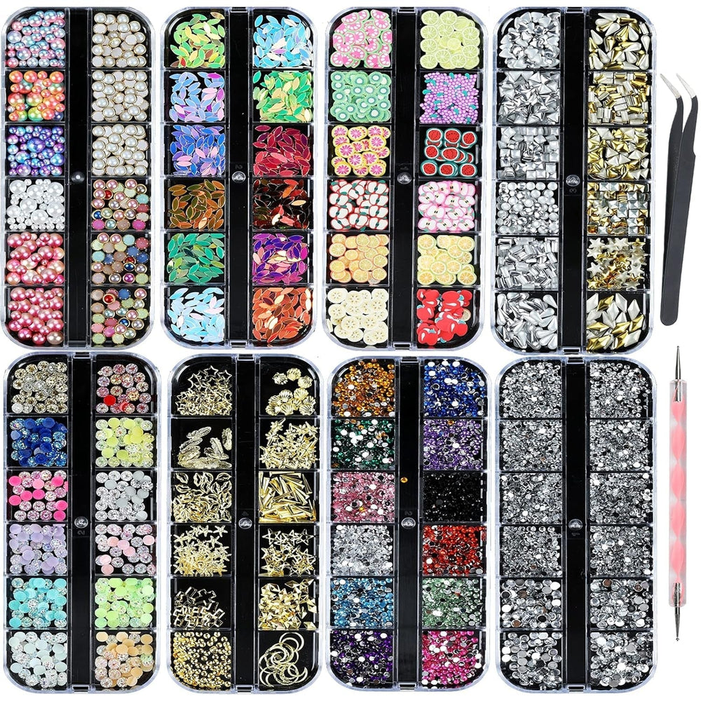 8 Boxen Nail Art Strass Kit - Nail Art Gemischt Strass Set, Nagel Kunst Strasssteine Gems Perlen Edelsteine Bunt Pferdeaugen Strass FĂŒr Nageldesign Zubehör Mit 1 Pinzetten Und 1 Strass Picker FĂŒr DIY