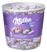 Milka Naps Mix – Mini quadretti di cioccolato in 4 assortimenti: Latte alpino, Fragole, Nocciole, Crema al cacao – 1 x 1kg