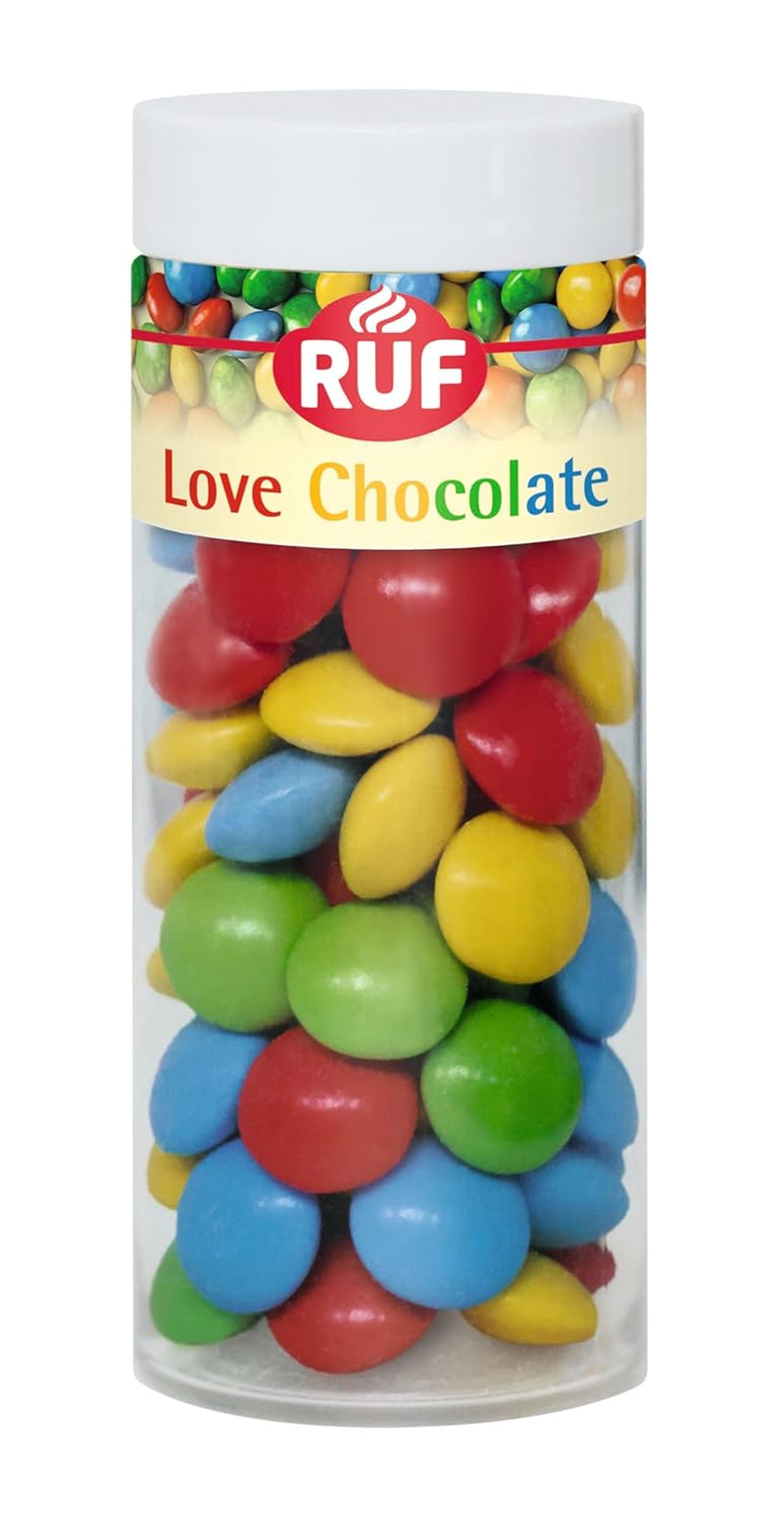 Decorazioni Di Lenticchie Al Cioccolato RUF Love Chocolate, realizzate con finissimo cioccolato al latte con una croccante e colorata glassa di zucchero, 75g per scatola