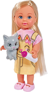 Simba 105733591 - Evi Love Kitty, asortat în 2 moduri, va fi livrat doar UN articol, păpușă într-o rochie drăguță de pisică cu pisoi și sticlă de băut, păpușă de joacă de 12 cm, vârste 3+
