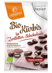 Landgarten Semi di zucca biologici al cioccolato fondente - Snack vegano al cioccolato con semi di zucca tostati - Fonte di magnesio - 1 x 50 g