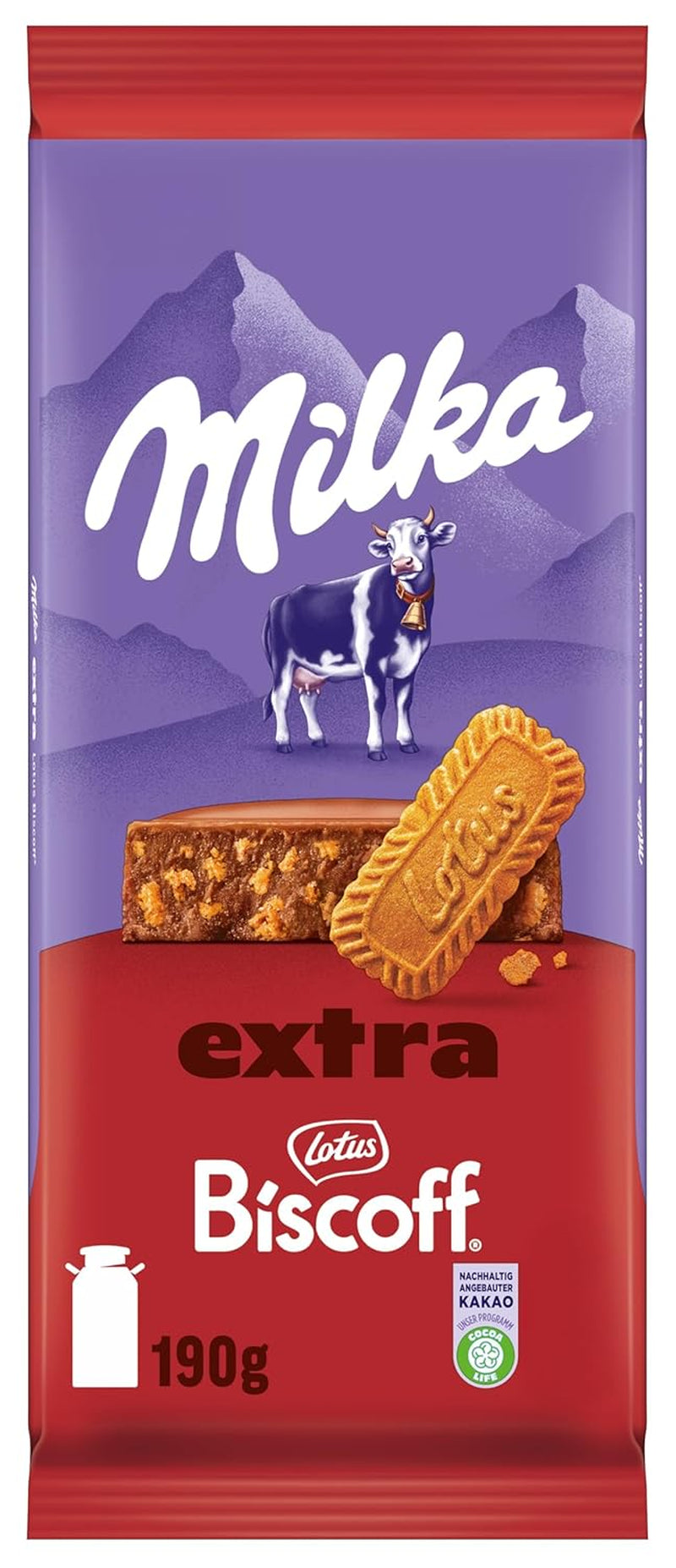 Milka Extra Biscoff Chocolate – Cioccolato al latte alpino con pezzi croccanti di biscotti Lotus Biscoff – 190g