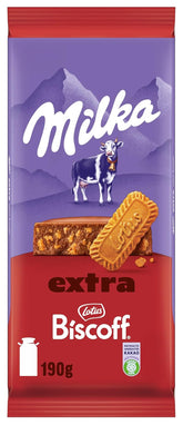 Milka Extra Biscoff Chocolate – Cioccolato al latte alpino con pezzi croccanti di biscotti Lotus Biscoff – 190g