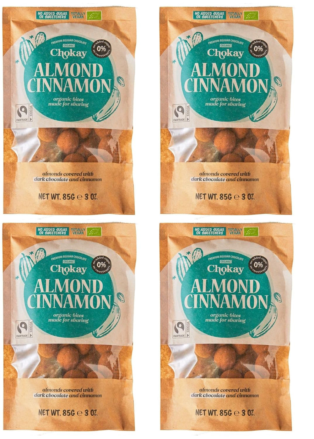 Set di 4 bocconcini biologici - Mandorle alla cannella/Mandorle alla cannella in cioccolato fondente belga/Senza zuccheri aggiunti, senza dolcificanti/VEGAN e COMMERCIO EQUO / 4 x 85 g