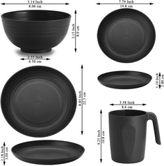 Set de veselă Berglander din plastic negru, 24 de piese pentru 6 persoane, farfurii și boluri reutilizabile, inclusiv farfurii de cină, farfurii de desert, boluri pentru cereale și cești pentru casă, grădină și picnicuri