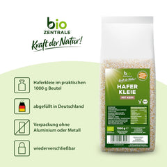 Tărâțe de ovăz organice biozentrale 1 kg | Pachet avantajos | Sursă de proteine bogată în fibre | Natural vegan | Din agricultura UE | Conținut scăzut de zahăr
