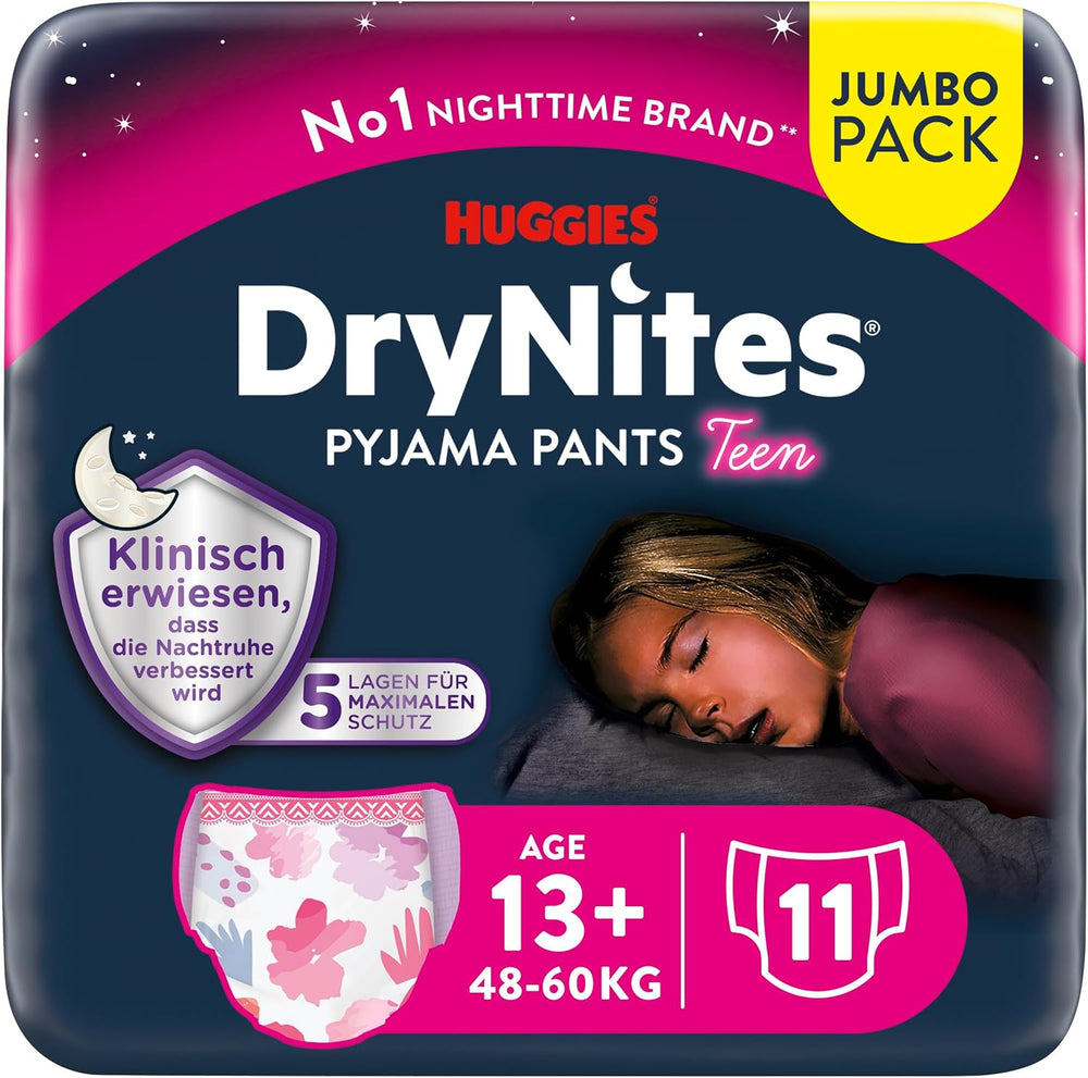 Huggies DryNites Pannolini per l'enuresi notturna per ragazze 13-circa 17 anni (48-60 kg) 33 pezzi (3 x 11) Confezione mensile Jumbo Slip per pannolini XL