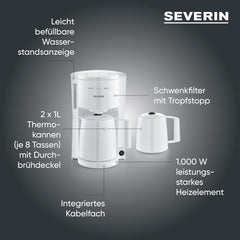 Espressor Severin cu filtru și 2 carafe termice, espressor cu capac, turnare fără picurare, menținere lungă a temperaturii, oprire automată, 1000 W, aprox. 1 litru, alb, KA 9309