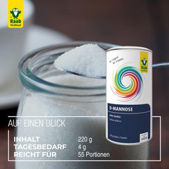 Raab Vitalfood® D-Mannosio in polvere (220 G) - Frei Von Zusätzen, Vegan, Glutenfrei, Gut Löslich, Mit Meßlöffel in Der Dose, Vorratspackung, 100% D-Mannosio (Gewonnen Aus Mais) Dolcificanti Naty Shop
