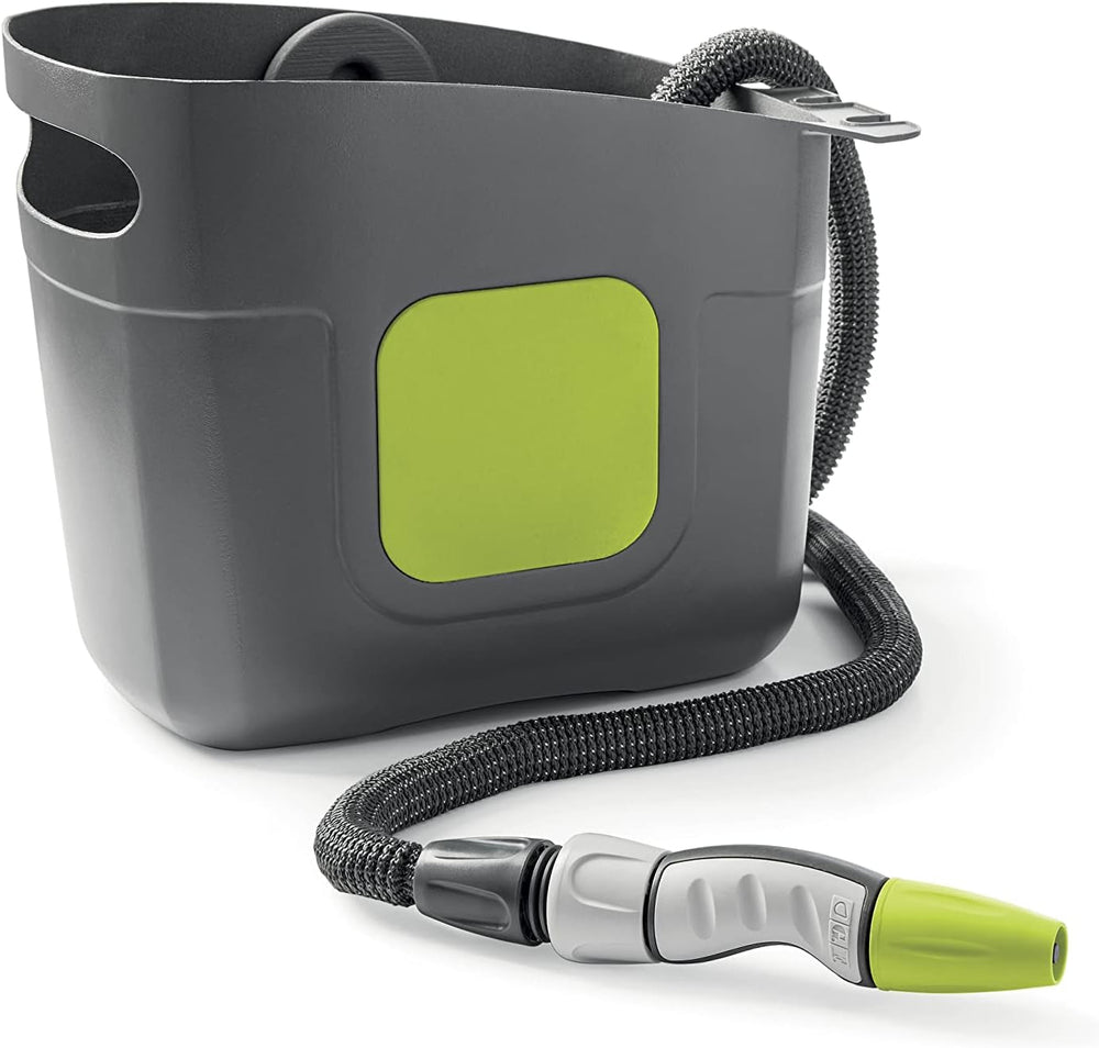 GF SRL, Aquapop Grey Pro 15, furtun împletit autoextensibil Fabricat în Italia, cu recipient rigid din plastic, mini pulverizator de grădină ergonomic, racorduri pentru irigarea grădinii, gri închis