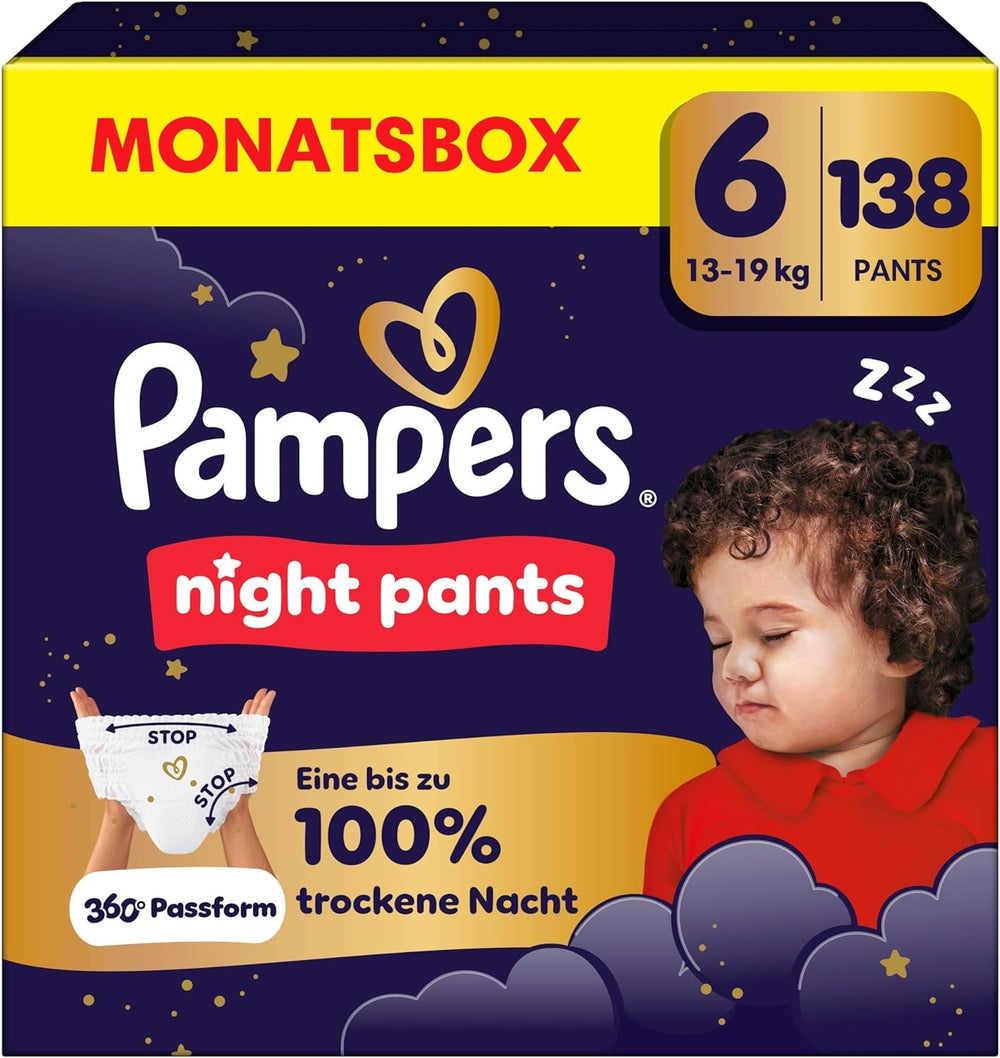 I pannolini Pampers Night Pants taglia 6, 138 pezzi, 13kg-19kg, forniscono una protezione extra per tutta la notte.