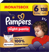 I pannolini Pampers Night Pants taglia 6, 138 pezzi, 13kg-19kg, forniscono una protezione extra per tutta la notte.