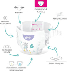 Pannolini Bella Baby Happy Premium, taglia 6, Junior Extra, 15+ kg, 96 pezzi, sigillo DERMATEST e OEKO-TEX, pannolini usa e getta per bambini