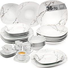 SÄNGER | Set de veselă combinat Bilgola din marmură, set de veselă cu 36 de piese pentru 6 persoane, cu farfurii de cină, farfurii de desert, farfurii de sumă, boluri pentru cereale, farfurii de cafea și farfurioare din porțelan, pătrat | COLECȚIA PREMIUM