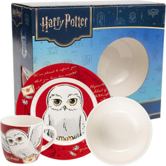 Set de veselă Harry Potter, 3 piese, roșu, set de mic dejun din porțelan cu farfurie Ø 19 cm, cană 220 ml și bol 330 ml, set de veselă