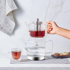 Set de ceainic din sticlă borosilicată Karaca Dora cu infuzor de ceai din oțel inoxidabil, fierbător de 2L și ceainic din sticlă de 1L cu infuzor, ceainic turcesc, Caydanlik, aparat de ceai turcesc pentru ceai din plante, ceai vrac, XL