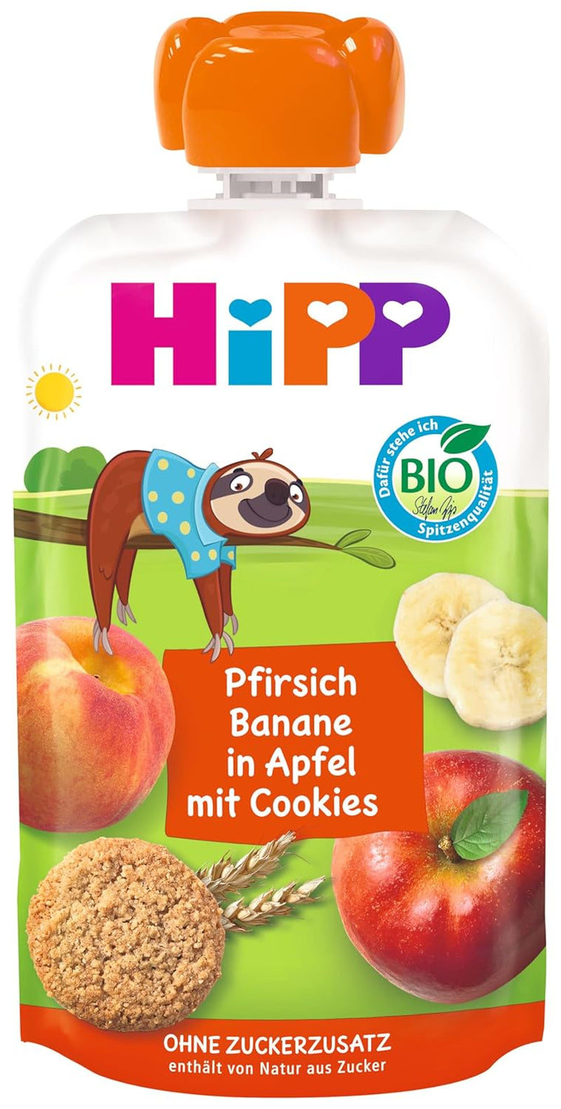 Buste comprimibili HiPP con pesche e banane biologiche in buste di mele e biscotti - Felix il pigro (8 x 100g), da 1 anno, frutta con cereali, senza zuccheri aggiunti, migliore qualità biologica