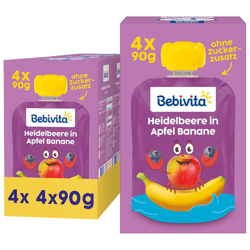 Buste comprimibili per mirtilli, mele e banane - 16 (4 confezioni, 4 x 90 g ciascuna), senza zuccheri aggiunti, senza glutine, ideali per takeaway e snack da viaggio