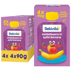 Buste comprimibili per mirtilli, mele e banane - 16 (4 confezioni, 4 x 90 g ciascuna), senza zuccheri aggiunti, senza glutine, ideali per takeaway e snack da viaggio