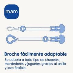 Suzetă MAM, adaptabilă la toate tipurile de suzete, inele de dentiție și jucării, lungime reglabilă, inclusiv husă pentru tetină, lavabilă, albastră, 1 bucată