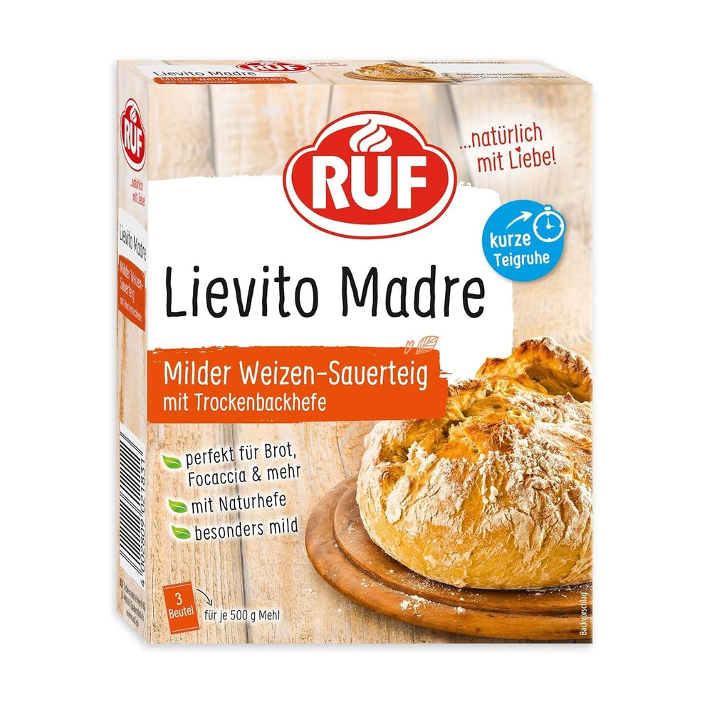 RUF Lievito Madre Sauerteig, Milder Weizen-Sauerteig, Mutterteig, Kurze Teigruhe Durch Enthaltene Trockenhefe, Lievito Madre Getrocknet Für Brot, Baguette, Focaccia, 3X35G Miscela per panificazione e cottura Naty Shop 35 G (3Er Pack) Kurze Teigruhe