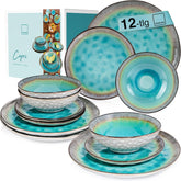 SÄNGER | Set de veselă Capri cu 12 piese, set de farfurii pentru 4 persoane, veselă din gresie, inclusiv farfurii de cină, farfurii de desert și farfurii de sumă, serviciu de cină turcoaz lucrat manual cu margine gri | COLECȚIA PREMIUM