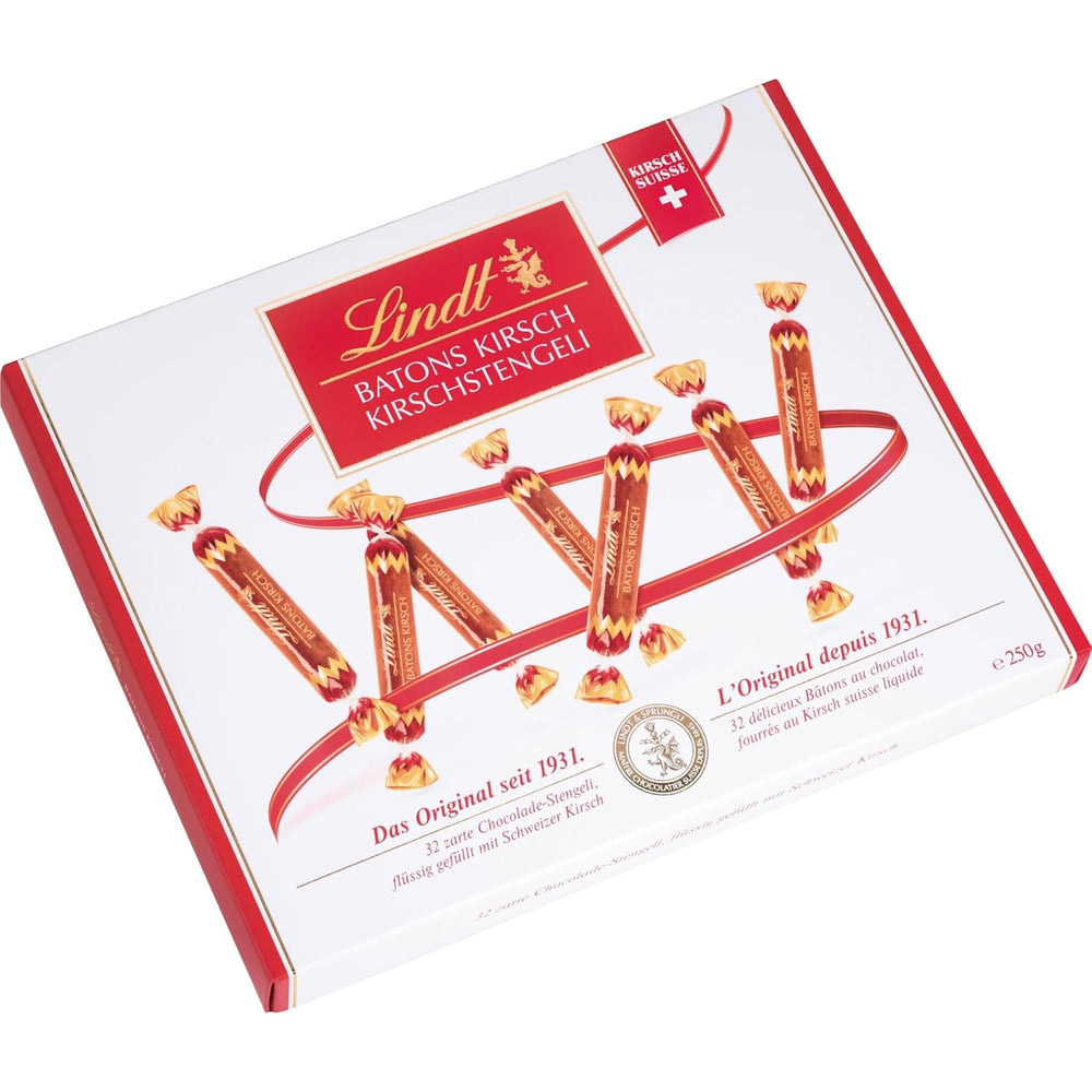 Barrette di cioccolato Lindt con steli di ciliegia | 250 g 32 barrette di cioccolato al latte ripiene liquide alla ciliegia svizzera | Regalo di cioccolato con alcol | Regalo di cioccolato