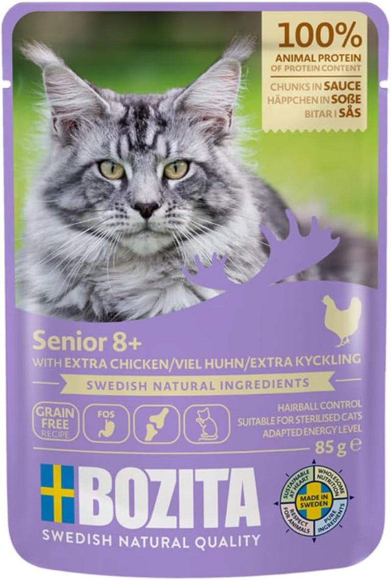 Hrană umedă pentru pisici Bozita Senior 8+ Mound cu cereale și mult pui - 12 pliculețe x 85g, hrană umedă pentru pisici fără cereale și grâu - Hrană umedă pentru pisici cu 8,5% proteine și 4,5% grăsimi