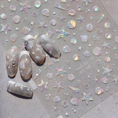 JMEOWIO 3D Nagelsticker Aurora Muschel Seestern Nail Art Sticker Selbstklebend Nagelaufkleber 5D Stereoskopisch Ozean Thema Dekoration Nageldesign Zubehör 1 Blatt