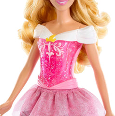 Mattel DISNEY Prințesa Aurora - Păpușă cu ținută emblematică, pantofi și diademă detașabile, top strălucitor și fustă detașabilă cu model, păr lung pentru coafat, HLW09