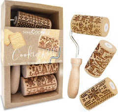ScrapCooking 3798 Christmas Cookie Roll Set – 3 Mini-Gebäckrollen aus Holz mit Motiven – Dekos mit Prägung – Form für Kekse, Sandgestrahlt, Kekse