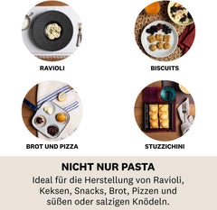 Set de forme pentru ravioli și biscuiți Marcato, aparat de ravioli, formă pentru biscuiți, lemn masiv și fontă, fabricat în Italia, relief rotund 58 mm + relief pătrat 58 mm. Model: Raviolè