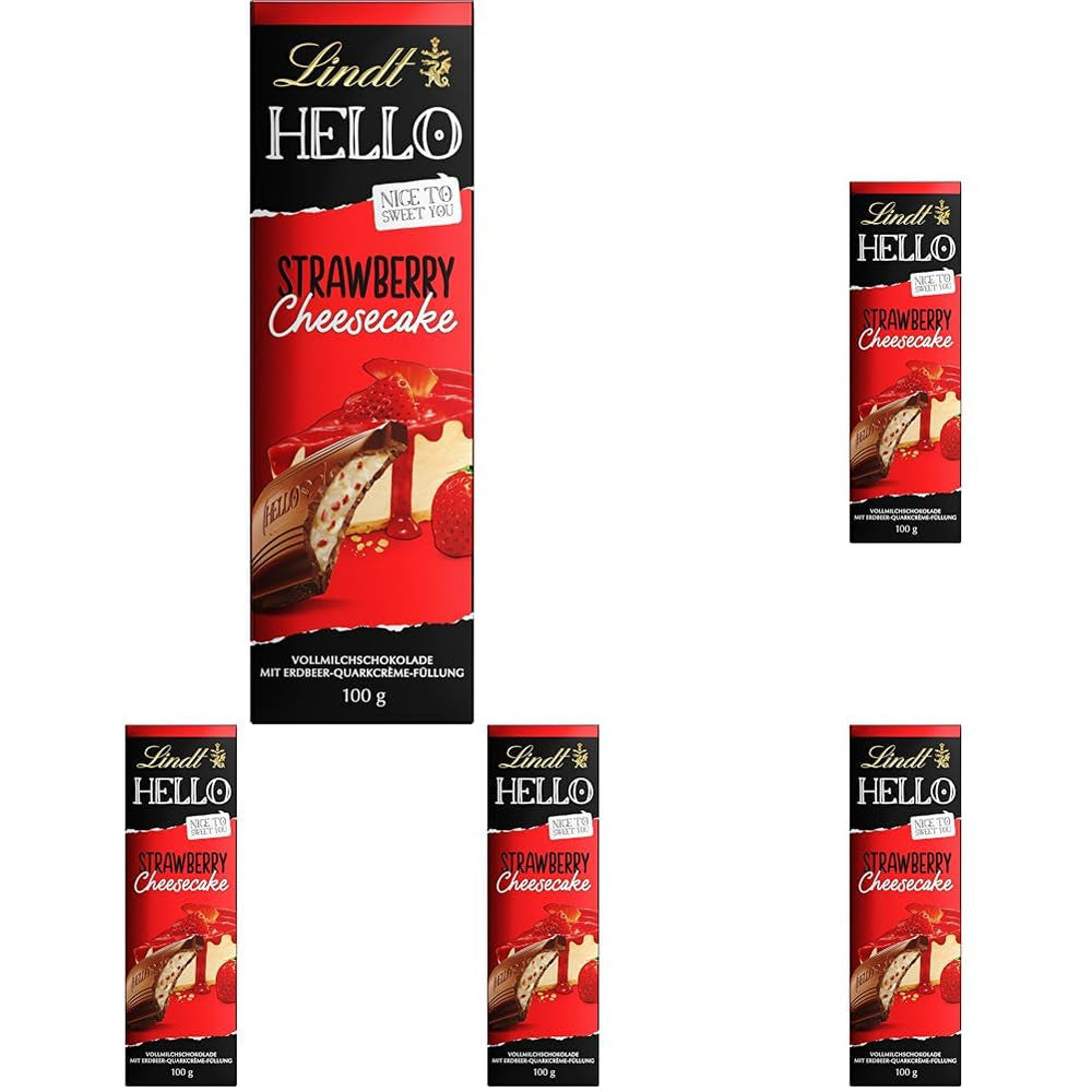 Lindt HELLO Cheesecake Al Cioccolato E Fragole | Barretta 100g | Cioccolato al latte con ripieno di crema al quark alla fragola | Tavoletta di cioccolato | Regalo al cioccolato (confezione da 5)