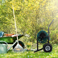 Cărucior furtun Relaxdays, rolă furtun mobilă, racord 1/2" și 3/4", furtun până la 80 m, 2 roți, metal, negru
