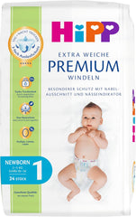 Pannolino HiPP Extra Soft Premium Taglia 1 Neonato 2-5 kg, 72 pezzi (3 confezioni da 24), con protezione dalle perdite a 3 vie e doppia protezione della pelle