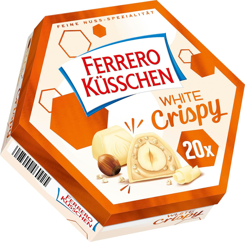 Ferrero Küsschen White Crispy - Regalo di San Valentino per lui e per lei - Nocciole tostate croccanti in crema leggera con scaglie croccanti, ricoperte di cioccolato bianco, 1 confezione da 20 praline individuali
