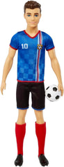 Barbie You Can Be Anything Serie, Ken Fußballspieler Puppe, Ken Puppe mit braunen Haaren, blaues Trikot, Fußball, 1x Ken Fußballspieler Puppe, Geschenk für Kinder, Spielzeug ab 3 Jahre, HCN15