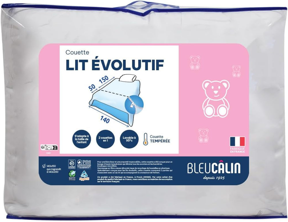 Trapunta per bambini Bleu Câlin 140X(150+50) Cm Speciale per lettino per bambini, trapunta temperata espandibile fino a 140X200 Cm, lavabile a 95°, Trapunte e Trapunte bianche Naty Shop Unique Coperta Estensibile per lettino - 140 X (150+50 Cm).