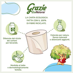 Hârtie igienică Grazie Natural, Econatural, 56 role, hârtie igienică reciclată Fibrepack, 100% ecologică, prietenoasă cu mediul, certificată cu etichetă ecologică și reciclată FSC, fabricată în Italia
