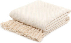 HOMLA Coperta scozzese Morris con frange in cotone - Coperta morbida e confortevole Coperta in cotone - tessuto pregiato 130 X 170 cm Ecru Letti e coperte Besuche den HOMLA-Store Ecru